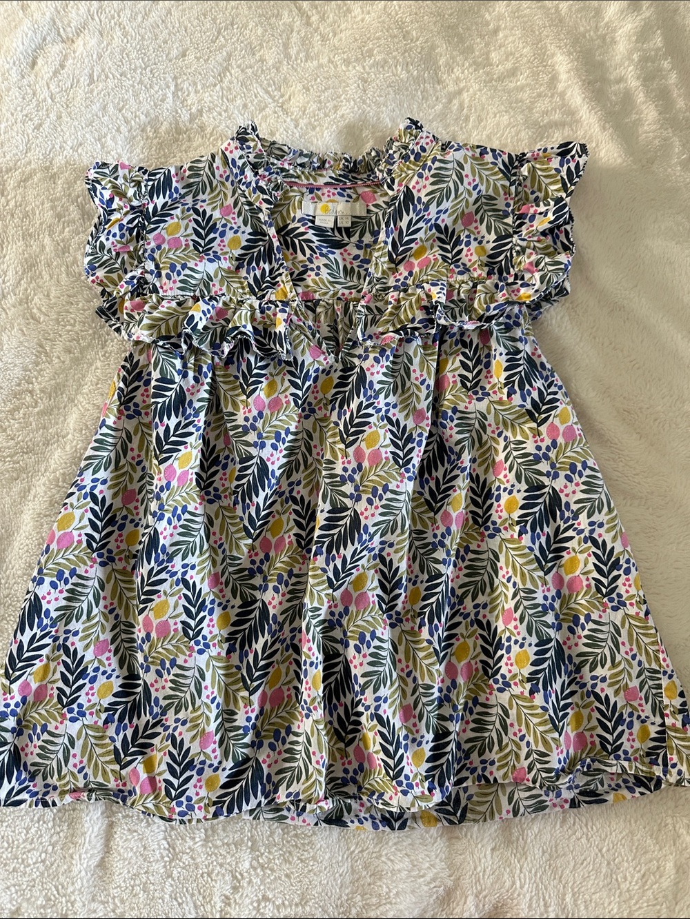 Boden Navy, Pink & Yellow Floral Ruffle Yoke Top